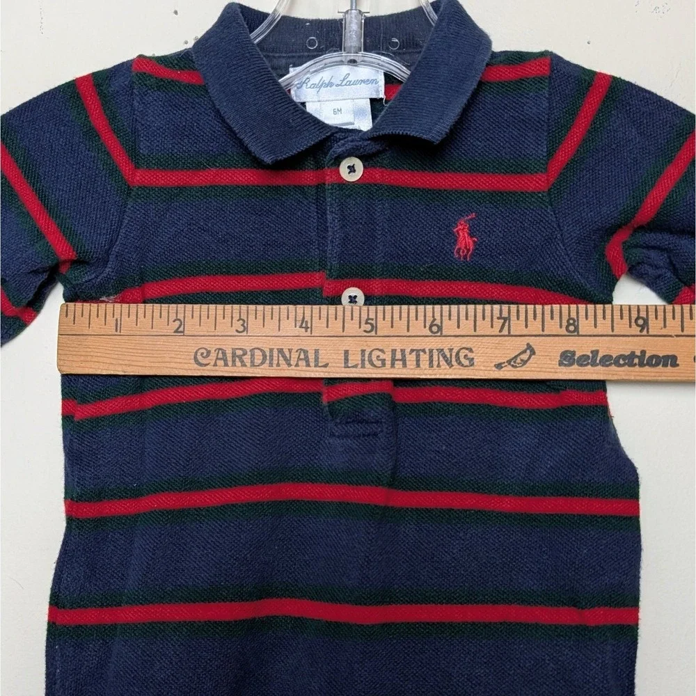 Polo Ralph Lauren Coverall Red Blue Stripe Rugby‎ One Piece Long Sleeve 6 Months